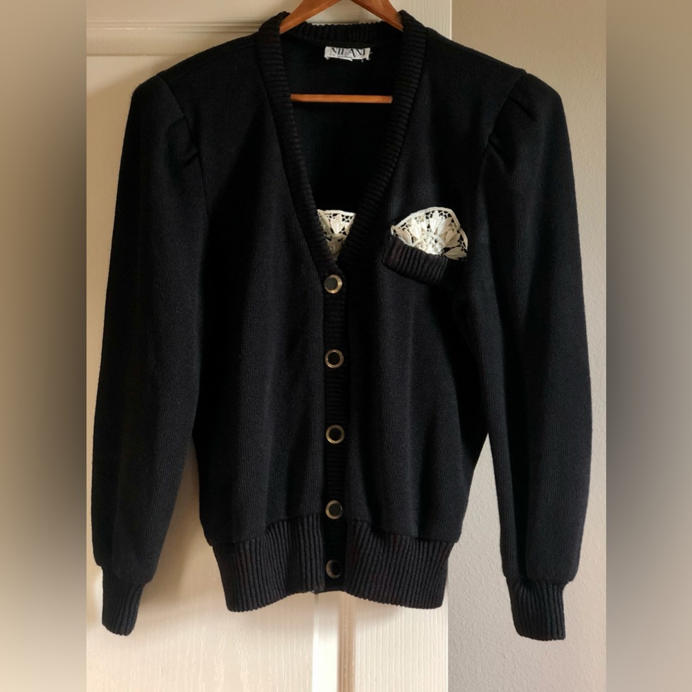 Black Vintage Cardigan with Button and Lace Details